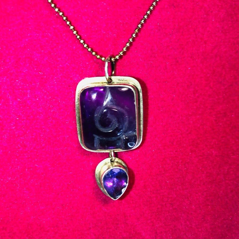 Tabra Tunoa-Large Square & Tear Drop Sterl Silver Handcrft Pendent W/Purple Gems